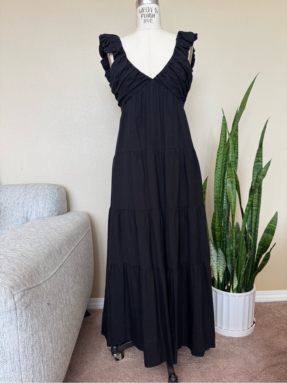 NWOT Jason Wu Black Ruched-Strap Tiered Maxi Dress Size Small